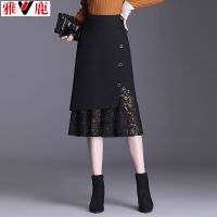 雅鹿高档雪纺黑色半身裙2021新款小个子百搭显瘦包臀裙蕾丝半身裙 黑色 M 建议90-100