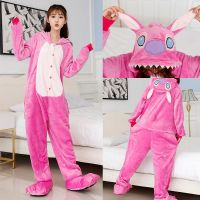 恐龙卡通连体睡衣女秋冬季情侣可爱皮卡丘动物承认法兰绒男家居服 粉史迪仔 收藏加关注优先发货 S号（身高150-160CM