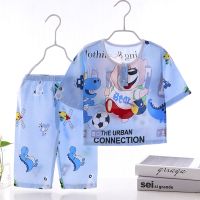 2020童装新品婴儿衣服棉绸睡衣儿童夏装男女宝宝衣家居服0-1-4岁 蓝色(卡通)小熊恐龙足球 七分袖套装 80 /55