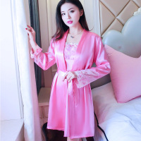 带胸垫睡衣女夏性感冰丝睡袍吊带睡裙两件套家居服春秋浴袍大码薄 桃花款702-西瓜红 S