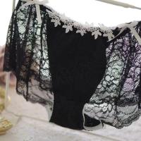 1-2条装大码女网纱蕾丝透明性感内裤日系镂空蝴蝶结无痕低腰内裤 黑色一件 M