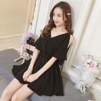 夏装新款大码女装胖MM露肩性感V领遮肉吊带连衣裙收腰显瘦小黑裙 黑色 XXS[建议40斤内]