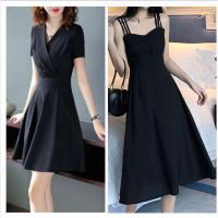 吊带裙子夏季仙女露肩连衣裙性感外穿显瘦减龄桔梗中长款小黑裙女 短袖黑色+吊带黑色 M 【建议90-105斤穿 】