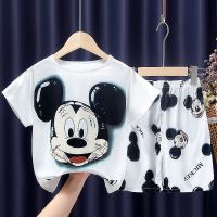 儿童冰丝睡衣男童女童薄款夏季短袖真丝绸夏天宝宝空调亲子家居服 圆领大米奇（优质冰丝面料） 8码【建议100-100cm】