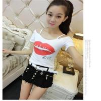 夏装新款时尚女装性感一字领紧身漏肩百搭短款吊带时尚T恤上衣女 嘴唇短袖白色 S