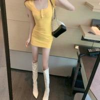 2021夏季新款泫小心机修身显瘦姜黄色排扣短袖紧身包臀连衣裙女潮[7天内发货] 黄色 xxs 20斤内穿