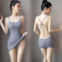 性感情趣内衣女超骚露背裙全透明睡裙免脱开档制服极度诱惑女夏 灰色露背包臀裙[80-130斤] 露背包臀裙+丁字裤