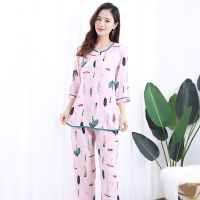 夏季薄款睡衣女士棉绸套装圆领中袖长裤花色中年时尚绵绸家居服潮 粉底蘑菇 160(M) 85-100斤