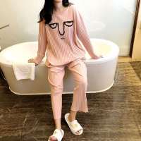 新款睡衣女春秋冬季长袖加大码200斤胖mm韩版宽松休闲家居服套装 粉色表情坑条套装 勇 M
