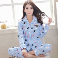 春秋睡衣女棉质长袖开衫翻领情侣两件套月子服母亲节家居服套装夏 黑猫蓝色 M(80-99斤)