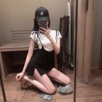 【超显身材】2020夏季新款半身裙时尚套装T恤吊带连衣裙两件套装 黑色 （黑色裙+白色T恤）套装 S 【建议70-95斤