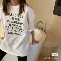 刘昊然同款夏季新款巴黎世傢七国语言宽松印花短袖T恤男女中袖潮 白色 XL 适合140-160斤