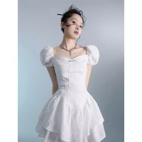 复古夏季辣妹白色方领高腰显瘦贴布短款公主蓬蓬泡泡袖连衣裙女潮 白色 S 85-95