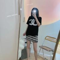 两件套潮牌夏小香风山茶花T恤千鸟格织带粗花呢半身裙包臀套装女 黑色短袖 S