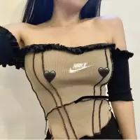 夏季nk恶搞rework上衣一字肩吊带背心短款修身性感拼接抹胸上衣 奶茶色背心 S