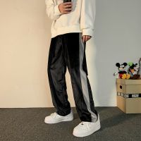 高街拼色丝绒裤子男士宽松直筒春秋季百搭胖子大码拖地阔腿休闲裤 黑色 M