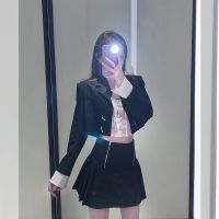 小个子套装裙春季2021新款韩版西装短外套高腰百褶裙时尚套装女潮 黑色两件套 S