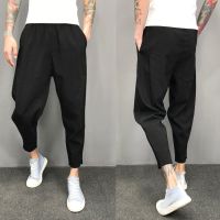 夏季棉麻冰丝九分裤黑武士休闲裤薄款裤子男潮精神小伙开叉小脚裤 黑色 28 90-110斤