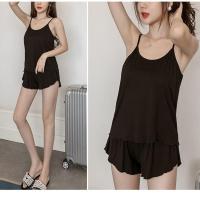 睡衣女夏韩版睡衣女夏季女士睡衣家居服吊带短裤两件睡衣内搭上衣 黑色套装 上衣+短裤 M