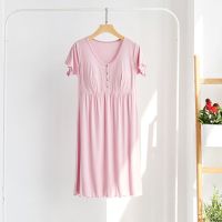 孕妇装哺乳睡裙夏季薄款喂奶衣哺乳上衣中长款产后时尚孕妇连衣裙 睡裙-按扣款-粉色 M（90-120斤）