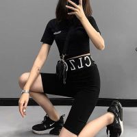 五分打底裤女冰丝外穿夏季提臀紧身瑜伽骑行裤高腰安全中裤短裤女 黑色字母腰 均码 [80-150斤]