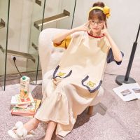 初中生睡衣女夏季套凉快薄款睡裙女夏长款过膝超长外穿公主风可爱 MM7789 M 80-95斤