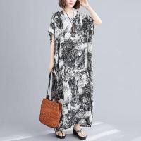 夏新款高端棉麻印花连衣裙宽松大码系带收腰显廋文艺少女中长裙 图片色 均码100-200斤