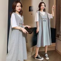 孕妇连衣裙时尚款假两件裙子宽松洋气孕妇装潮2021夏款孕妇裙夏季 灰色卡通假两件[优质款单件] M码[70-100斤]