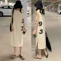 睡裙女夏长款学生韩版可爱宽松过膝大码睡衣200斤家居服外穿薄款 白色1973无袖裙 M