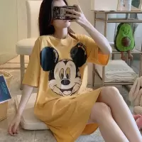睡裙女夏短袖薄款宽松韩版睡裙女中长款睡裙学生时尚家居服可外穿 [111]黄色米奇裙 M