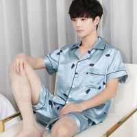 男士睡衣冰丝短袖短裤家居学生丝绸休闲开衫薄款大码睡衣男套装夏 3607羽纷飞男款 L