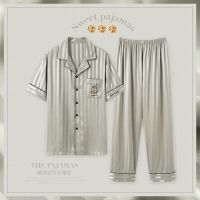 南方生活情侣睡衣女夏季冰丝短袖长裤高级夏天男士2021年新款套装 男款3455 M 建议[80-105斤]