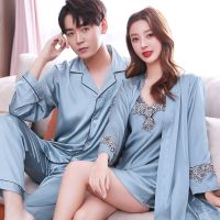 情侣睡衣薄款春秋季冰丝男女性感吊带睡裙夏季韩版两件套装家居服 2019-2053新雾灰 女M+男L
