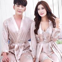 春夏季情侣睡衣男丝绸睡袍冰丝秋女薄款性感吊带裙大码浴袍家居服 长袖龙袍-土豪金 男L 单套价
