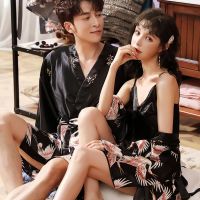 春秋款情侣睡衣女冰丝家居服丝绸薄款睡袍夏季性感吊带睡裙新款男 仙鹤袍黑色性感款 女M+男L