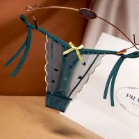 系带可调解内裤女士可爱透视绣花二次大码胖MM丁字裤女 墨绿色 均码