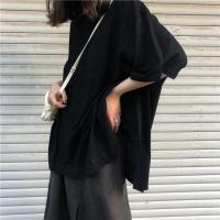 单件/套装女夏胖mm慵懒风宽松开叉白色t恤女+学生女中长款半身裙 单件黑色上衣 关注店铺优先发货 S 码建议95斤以下