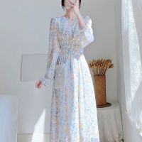 可盐可甜温柔风长裙脚踝仙气超仙女森系V领雪纺碎花连衣裙早春 长袖图片色 S 85-100