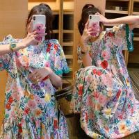孕妇装连衣裙夏装新款印花韩版时尚款宽松长款过膝花色孕妇裙子 花色连衣裙 M码建议(90-115斤)