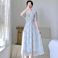 可盐可甜温柔风长裙脚踝仙气超仙女森系V领雪纺碎花连衣裙春夏款 图片色短袖 S 85-100斤