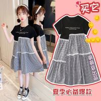 2021新款女童连衣裙黑白格子裙子中大童T恤拼接短袖休闲夏季童装 小格子 （黑色） 110 标准码 (30-40斤)