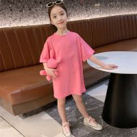 女童夏装连衣裙2021新款洋气童装儿童短袖裙子夏季女孩长款T恤裙 【不加小熊】玫红色 140 建议身高135-140cm