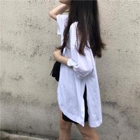 单件/套装女夏胖mm慵懒风宽松开叉白色t恤女+学生女中长款半身裙 单件白色上衣 抗起球 不掉色 S 建议95斤以下