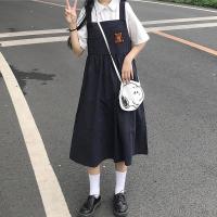 夏季新款学院风可爱两件套背带连衣裙女学生宽松显瘦中长款A字裙 白色衬衫[关注店铺送小礼物哦] S