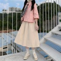 夏季套装女学生韩版宽松领带五分袖衬衫+中长款半身裙时尚两件套 杏色裙子 2044# XS 建议60-80斤