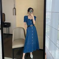 2021新款夏装牛仔连衣裙女法式气质女神范a字长裙方领泡泡袖裙子 深蓝色+腰带 S 建议100斤以下