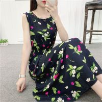 夏民族风棉绸碎花连衣裙海边度假人棉仙女裙大码印花短袖中长裙子 008 无袖长裙 M 70-90