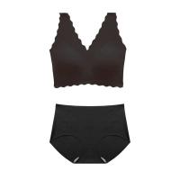 [欧阳娜娜同款]内衣套装深V小浪花无痕乳胶文胸睡眠无钢圈孕妇 黑色一套装 内衣+内裤 均码 80-120斤