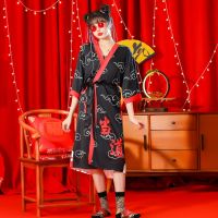 夏季薄款冰丝带胸垫吊带睡衣女三件套装2021年新款睡袍个性国潮风 160.3[棒棒糖单外袍]黑色 M