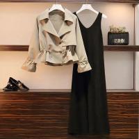 单件/套装初秋短款风衣女外套大码女装胖妹妹显瘦背心裙两件套装 黑色连衣裙[单件] M 建议100斤内